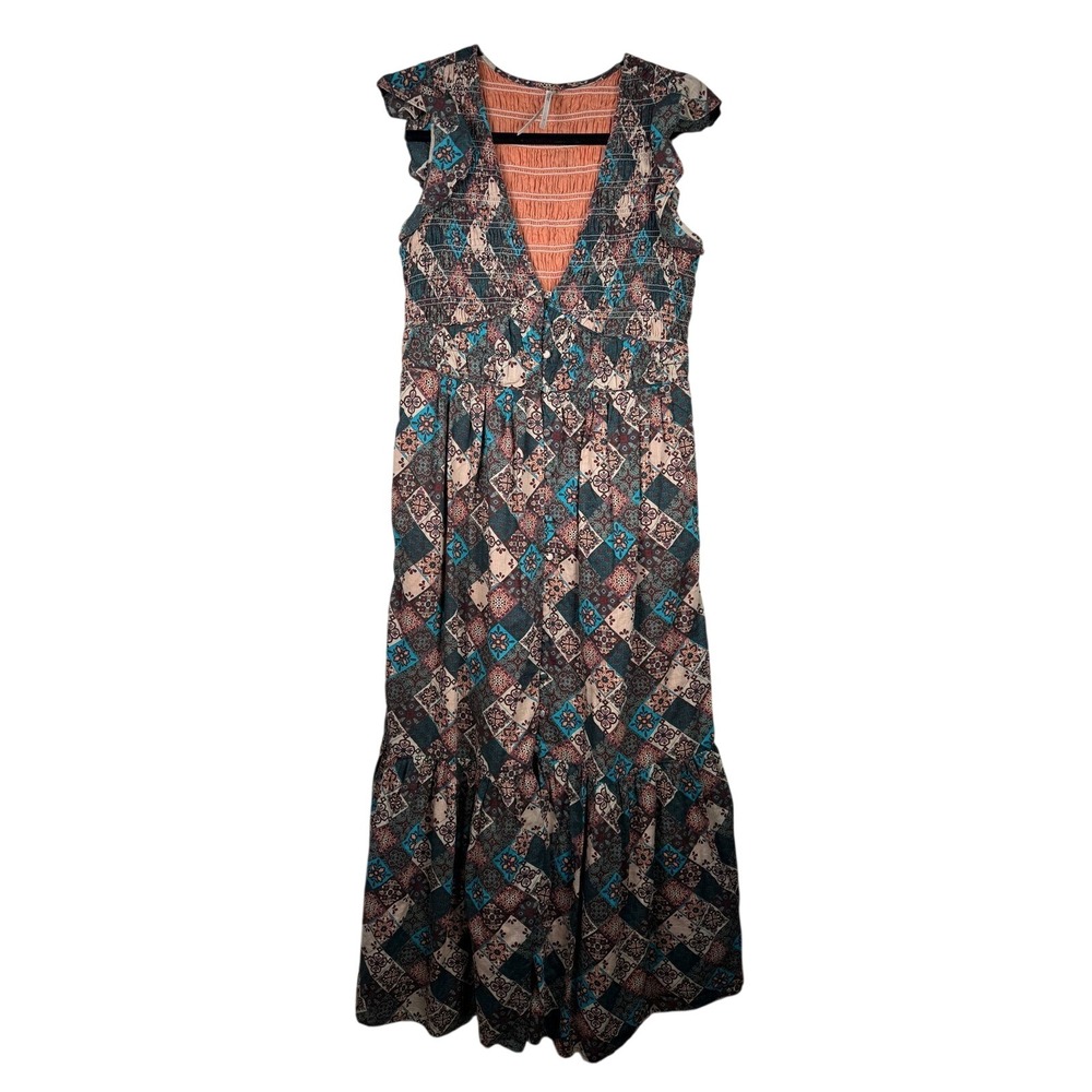 Anthropologie Geometric Patchwork Smocked Tiered Midi Dress Teal Orange Small